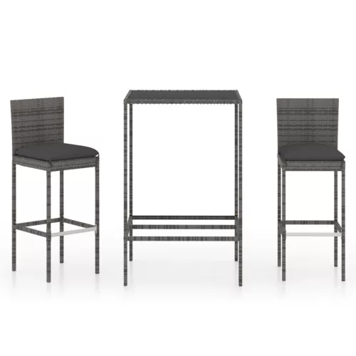  3 részes szürke polyrattan kerti bárszett párnákkal