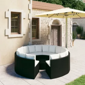  9 részes fekete polyrattan kerti kanapészett párnákkal