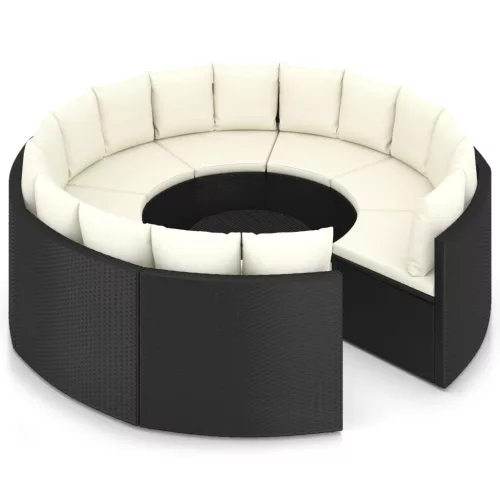  9 részes fekete polyrattan kerti kanapészett párnákkal