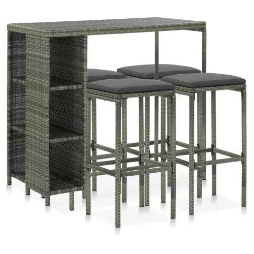  5 darabos szürke polyrattan kerti bárszett párnákkal