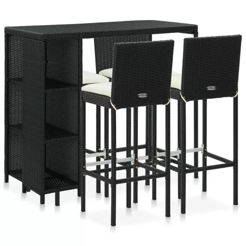  5 darabos fekete polyrattan kerti bárszett párnákkal