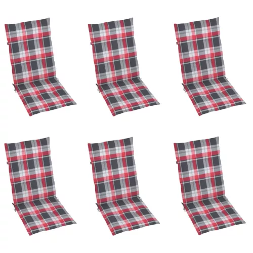  6 db tömör tíkfa kerti szék piros kockás párnákkal