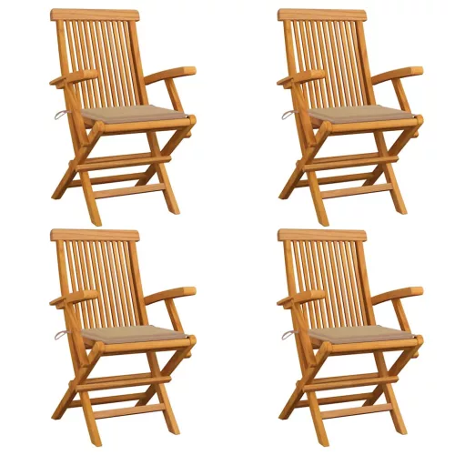  4 db tömör tíkfa kerti szék bézs párnákkal