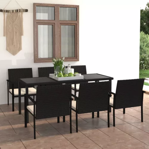  7 részes fekete polyrattan kerti étkezőgarnitúra