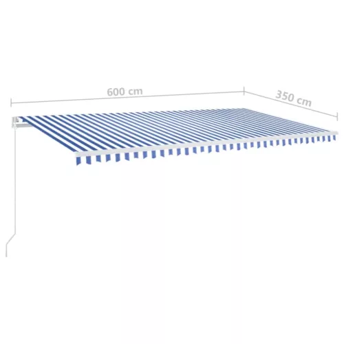  kék és fehér kézzel kihúzható LED-es napellenző 600 x 350 cm