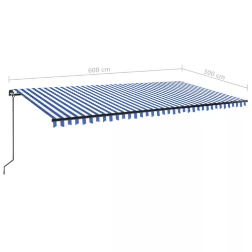  kék és fehér kézzel kihúzható LED-es napellenző 600 x 300 cm