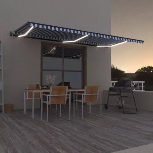  kék/fehér automata szélérzékelős és LED-es napellenző 600x300cm