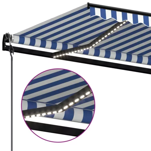  kék/fehér automata szélérzékelős és LED-es napellenző 600x300cm