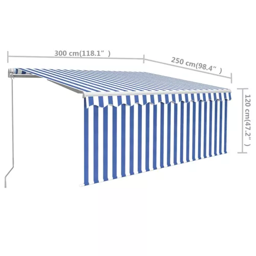  kék és fehér kézzel kihúzható napellenző redőnnyel 3 x 2,5 m