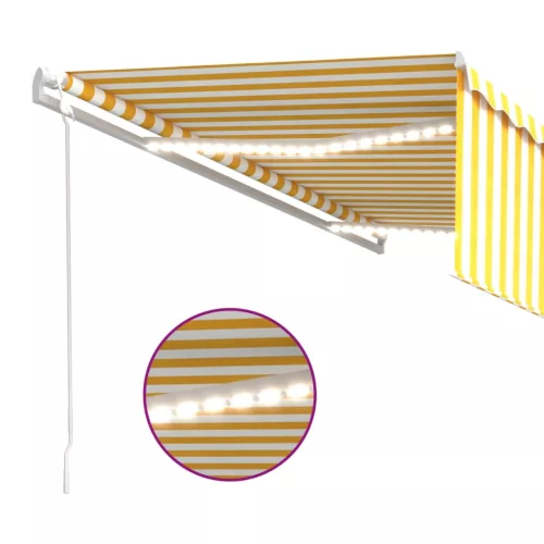  sárga-fehér redőnyös, LED-es, szélérzékelős napellenző 5x3 m 