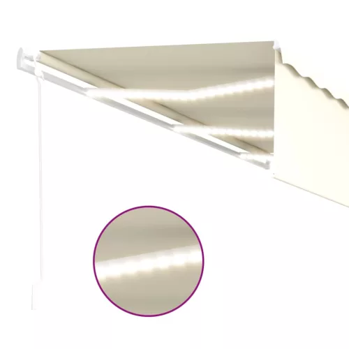  krémszínű szélérzékelős, LED-es napellenző redőnnyel 6x3 m 