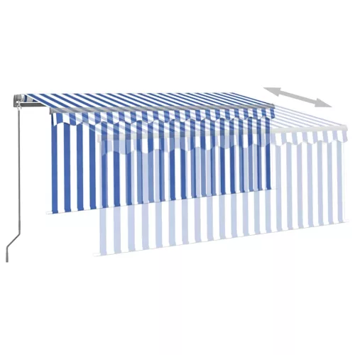  kék és fehér kihúzható LED-es napellenző redőnnyel 3,5 x 2,5 m