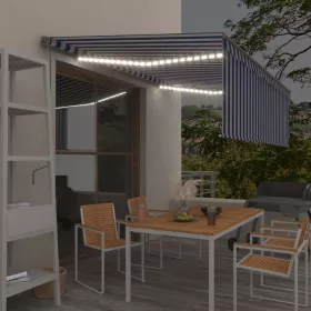    kék és fehér redőnyös, szélérzékelős, LED-es napellenző 4x3 m  