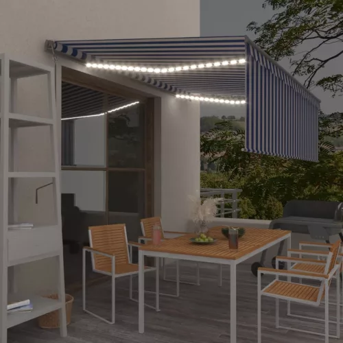 kék és fehér redőnyös, szélérzékelős, LED-es napellenző 4x3 m  