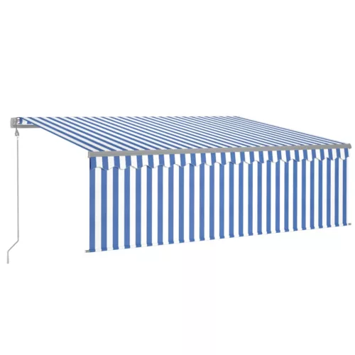  kék és fehér redőnyös, szélérzékelős, LED-es napellenző 4x3 m  