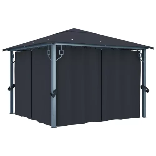  antracit alumíniumpavilon függönnyel/LED fényfüzérrel 3 x 3 m