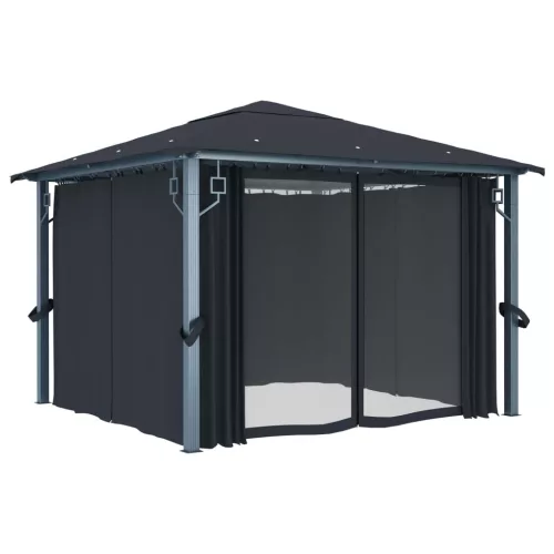  antracit alumíniumpavilon függönnyel/LED fényfüzérrel 3 x 3 m