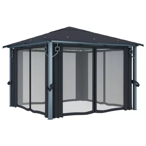  antracit alumíniumpavilon függönnyel/LED fényfüzérrel 3 x 3 m