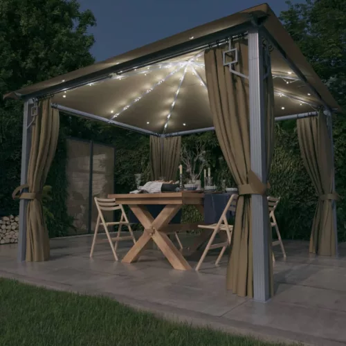  tópszínű alumíniumpavilon függönnyel/LED fényfüzérrel 3 x 3 m
