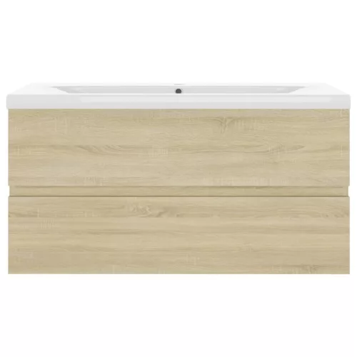  tölgyszínű szerelt fa mosdószekrény beépített mosdókagylóval