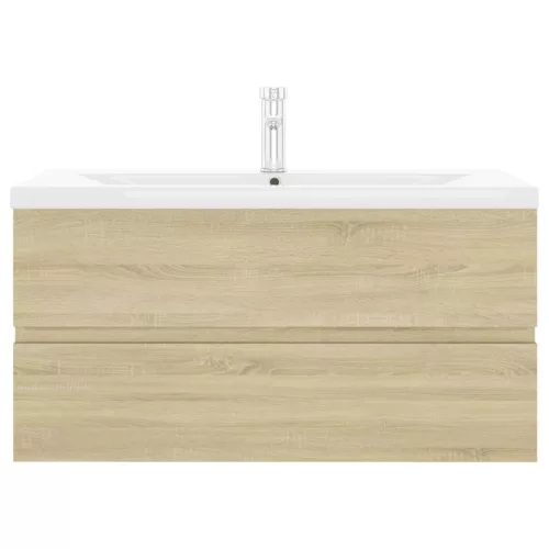  tölgyszínű szerelt fa mosdószekrény beépített mosdókagylóval