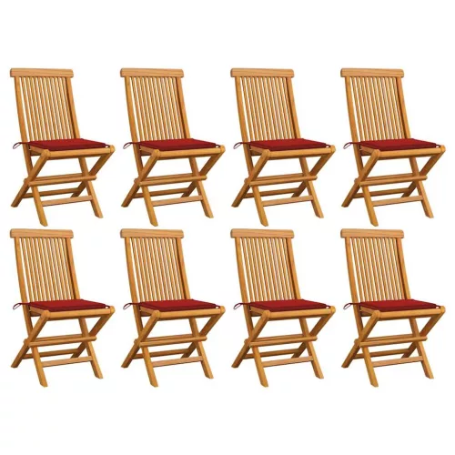  8 db tömör tíkfa kerti szék piros párnával