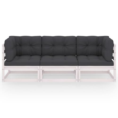  háromszemélyes tömör fenyőfa kerti kanapé párnákkal