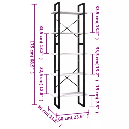  ötszintes fehér fenyőfa könyvszekrény 60 x 30 x 175 cm