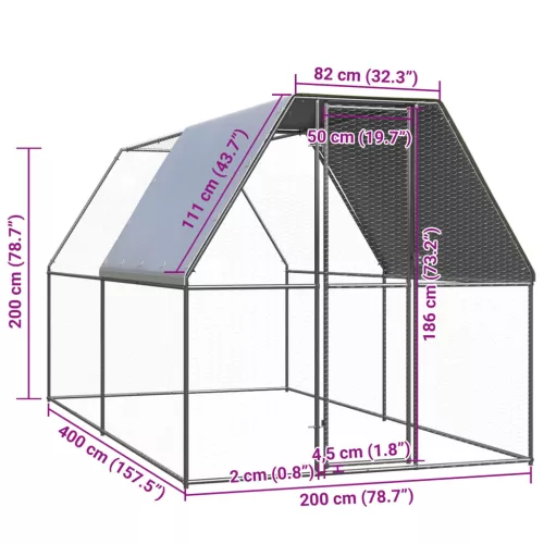  kültéri horganyzott acél tyúkól 2 x 4 x 2 m