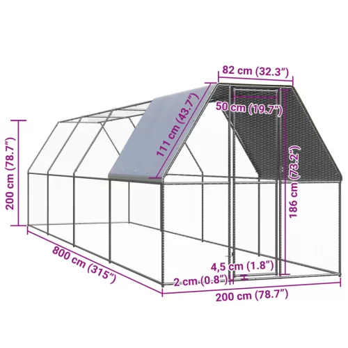  kültéri horganyzott acél tyúkól 2 x 8 x 2 m