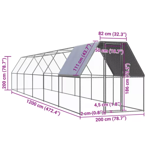  kültéri horganyzott acél tyúkól 2 x 12 x 2 m