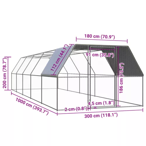  kültéri horganyzott acél tyúkól 3 x 10 x 2 m