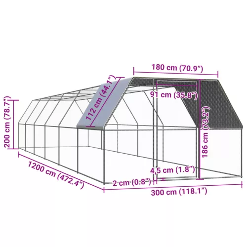  kültéri horganyzott acél tyúkól 3 x 12 x 2 m