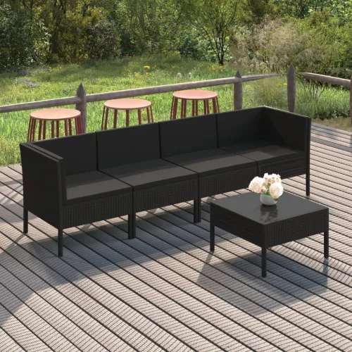  5 részes fekete polyrattan kerti ülőgarnitúra párnákkal