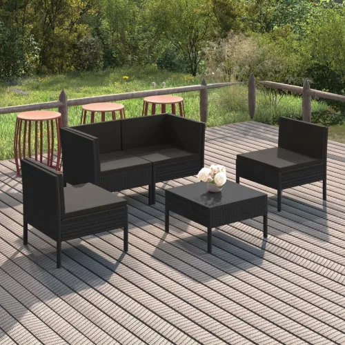  5 részes fekete polyrattan kerti ülőgarnitúra párnákkal