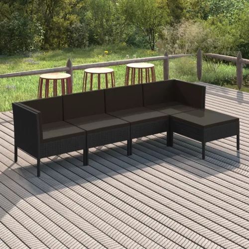 5 részes fekete polyrattan kerti ülőgarnitúra párnákkal