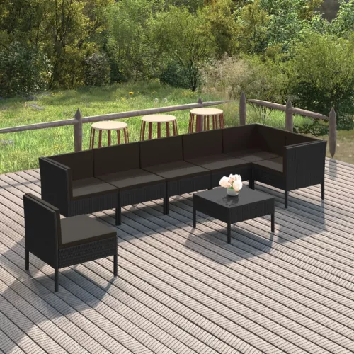  8 részes fekete polyrattan kerti ülőgarnitúra párnákkal