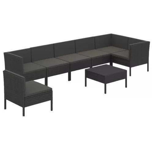  8 részes fekete polyrattan kerti ülőgarnitúra párnákkal