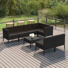    8 részes fekete polyrattan kerti ülőgarnitúra párnákkal
