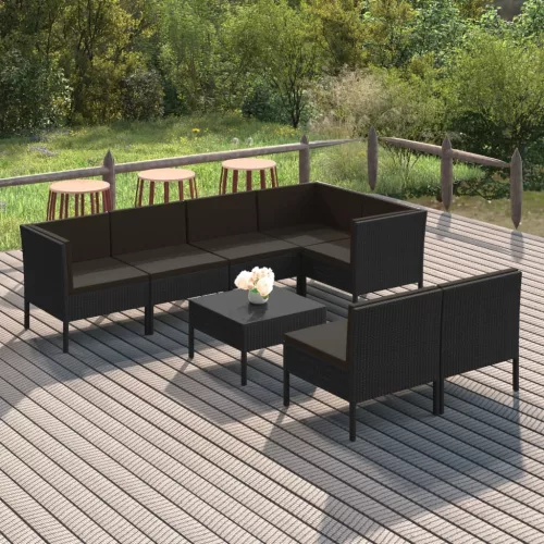  8 részes fekete polyrattan kerti ülőgarnitúra párnákkal