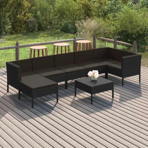  8 részes fekete polyrattan kerti ülőgarnitúra párnákkal