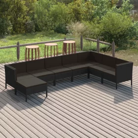    8 részes fekete polyrattan kerti ülőgarnitúra párnákkal