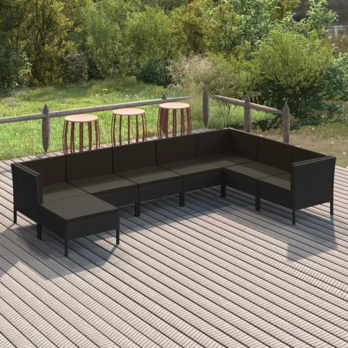 8 részes fekete polyrattan kerti ülőgarnitúra párnákkal
