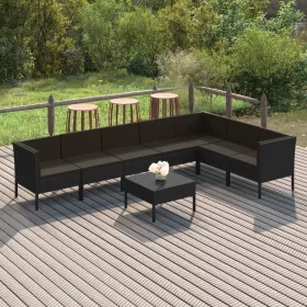    8 részes fekete polyrattan kerti ülőgarnitúra párnákkal