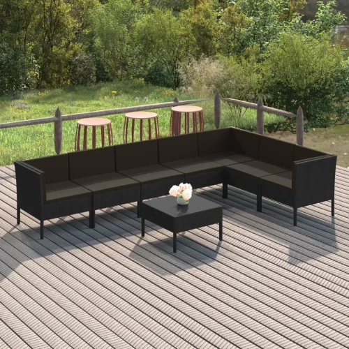  8 részes fekete polyrattan kerti ülőgarnitúra párnákkal