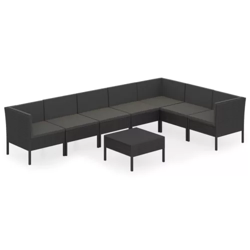  8 részes fekete polyrattan kerti ülőgarnitúra párnákkal