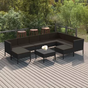    10 részes fekete polyrattan kerti ülőgarnitúra párnákkal