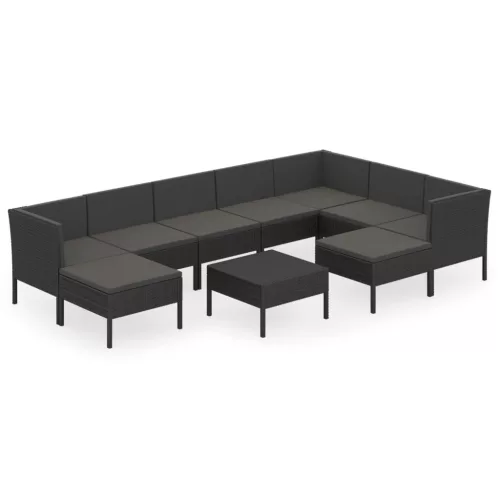  10 részes fekete polyrattan kerti ülőgarnitúra párnákkal