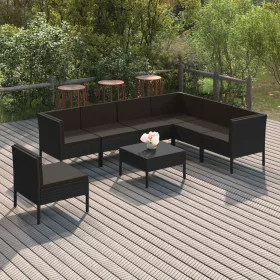    8 részes fekete polyrattan kerti ülőgarnitúra párnákkal