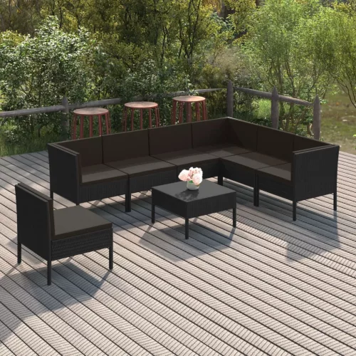  8 részes fekete polyrattan kerti ülőgarnitúra párnákkal